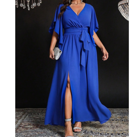 Plus Royal Blue Butterfly Sleeve Belted Split Hem Maxi Dress - Picture 1 of 4